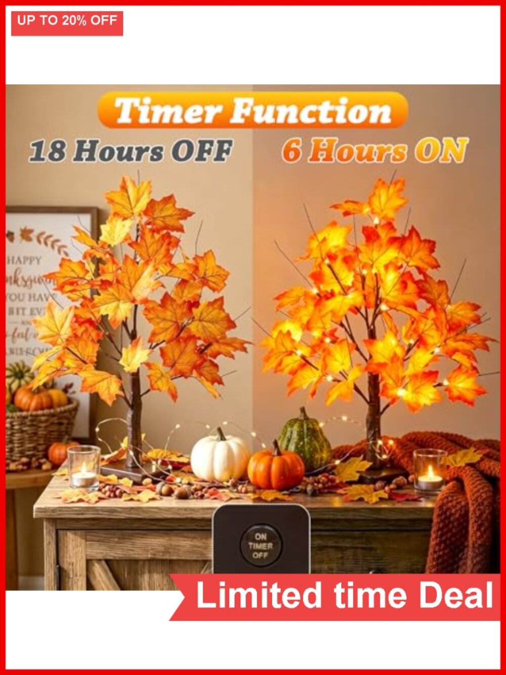 Fall Maple Tree LED Light Up Decorative Artificial Tree with Timer - Picture 3 of 6
